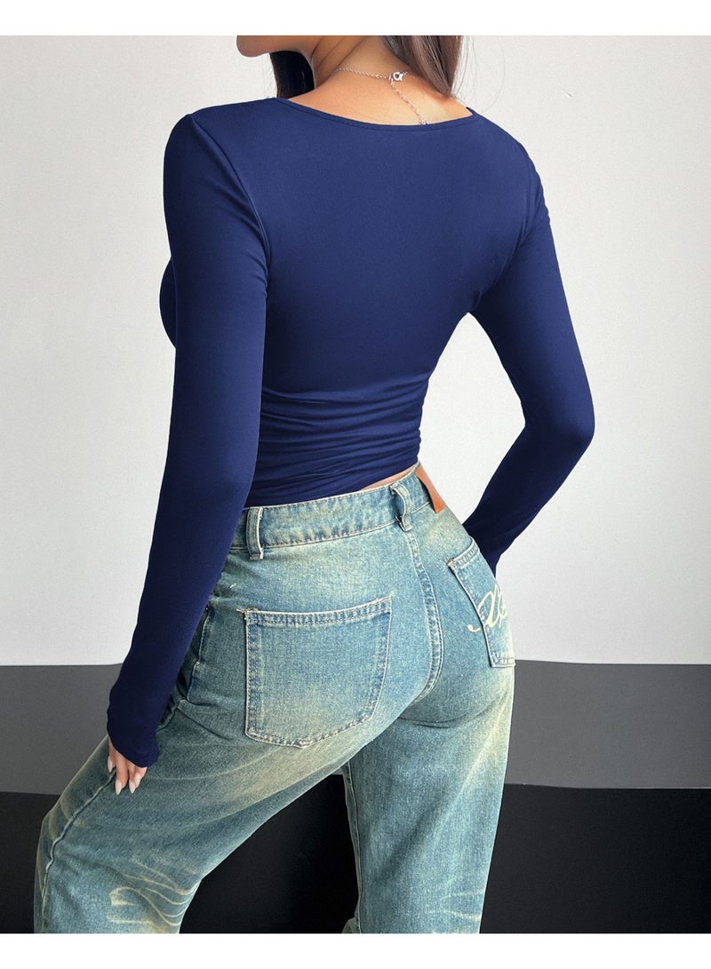 general 2026 Elegant Women's Long-Sleeved Square-Neck Crop Top, Long-Sleeved Pullover Tight-Fitting Casual Fashion Top, Y2K Style Top, T-Shirt - Image 5